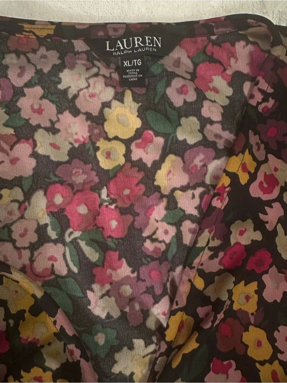Ralph Lauren Black Floral Wrap Midi Dress with Pink & Yellow Blooms